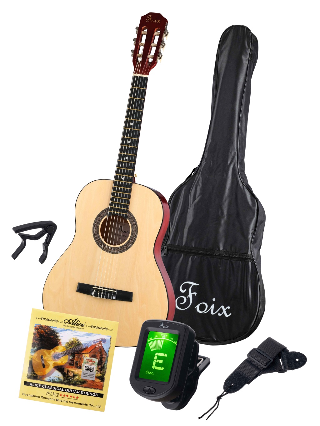 FCG-2036CAP-NA-3/4 Классическая гитара 3/4 с чехлом, ремнем, тюнером, цвет натуральный, Foix